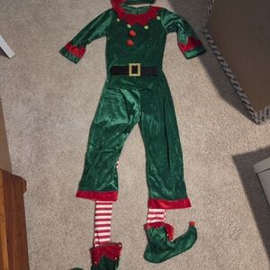Kids Green and Red Elf Costume with Striped Leggings